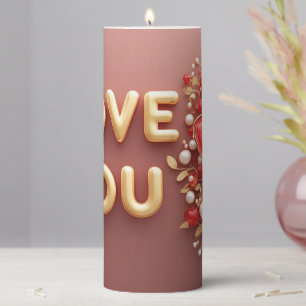 Love You Gold Letters With Red Floral Pearl Pillar Candle