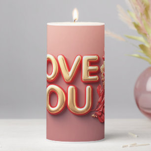 Love You Gold Letters With Red Floral Pearl Pillar Candle