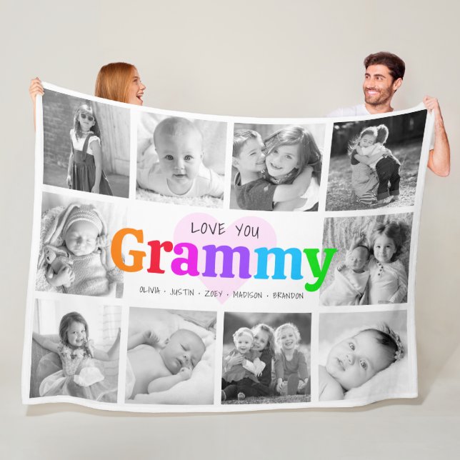 Love You Grammy Colorful Modern 10 Photo Collage Fleece Blanket (In Situ)