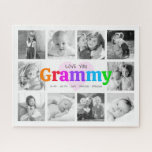 Love You Grammy Colorful Modern 10 Photo Collage Jigsaw Puzzle<br><div class="desc">“Love you Grammy.” She’s loving every minute with her grandkids. A playful, whimsical, stylish visual of multicolor rainbow bold typography and black handwritten typography overlay a soft, light pink heart and a white background. Add 10 cherished photos of your choice and customize the names and message, for the perfect modern,...</div>