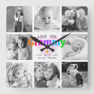 Love You Grammy Colorful Modern 8 Photo Collage Square Wall Clock