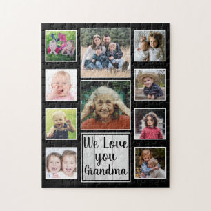 Love You Grandma 10 Family Photo Collage Black Jigsaw Puzzle