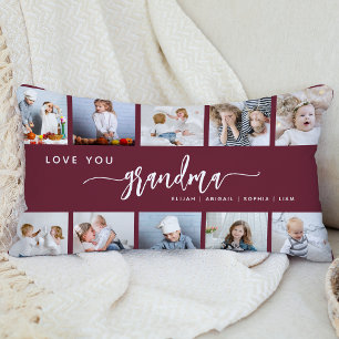 Love You Grandma 10 Photo Collage Burgundy Lumbar Pillow