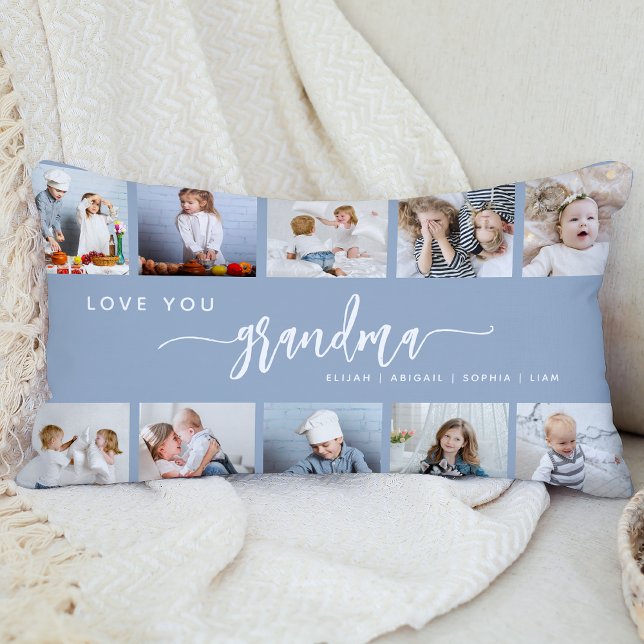 Love You Grandma 10 Photo Collage Dusty Blue Lumbar Pillow (Creator Uploaded)