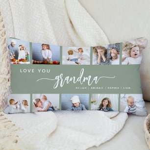 Love You Grandma 10 Photo Collage Sage Green Lumbar Pillow