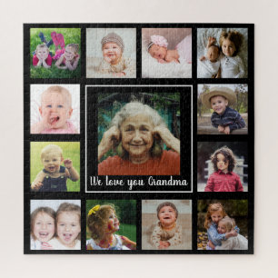 Love You Grandma 12 Family Photo Collage Black Jigsaw Puzzle