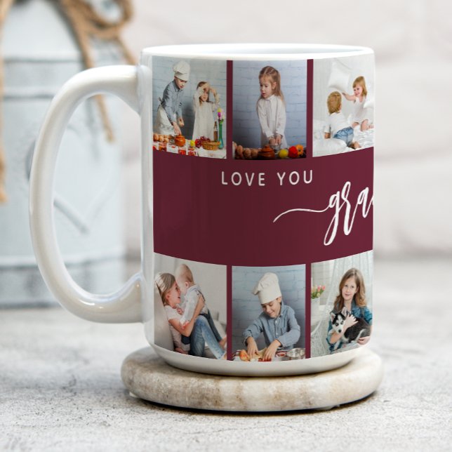 Love You Grandma 12 Photo Collage Burgundy Coffee Mug (Creator Uploaded)