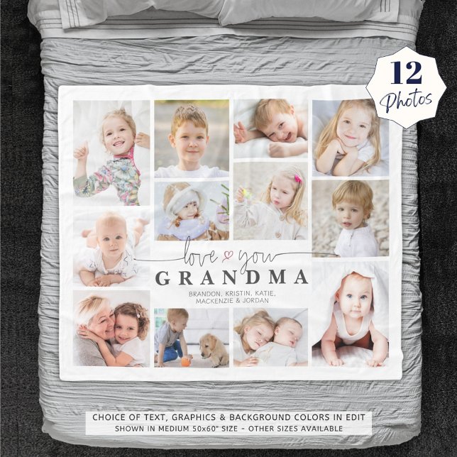 Love You Grandma 12 Photo Collage Heart White Gray Fleece Blanket (Creator Uploaded)