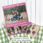 Love You Grandma 4 Family Photo Collage Pink Jigsaw Puzzle<br><div class="desc">Custom photo collage puzzle to personalize with 4 photographs.Personalize with family name and year.The "We love you grandma" quote adds a unique touch to the photo jigsaw puzzle and makes a special gift for grandmas.</div>