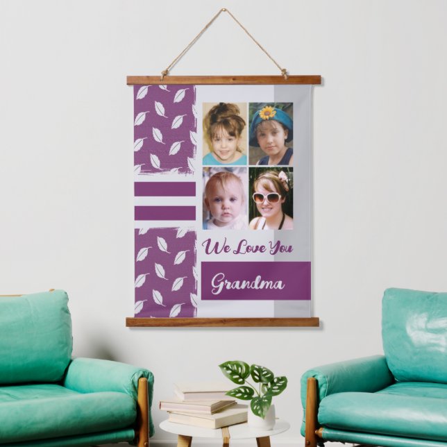 Love you Grandma 4 photo leaf pattern purple Hanging Tapestry (Living Room)