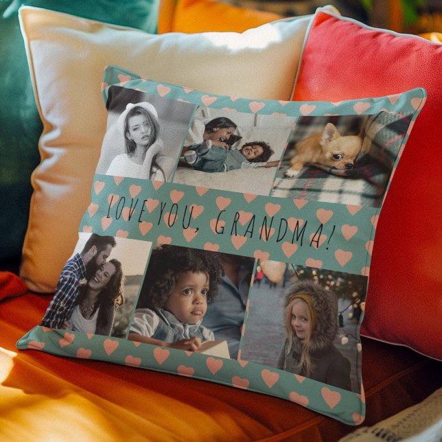 Love you grandma 6 photo collage retro pattern throw pillow (Creator Uploaded)