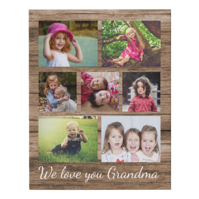 Love You Grandma 7 Photo Collage Wood Faux Canvas Print (Front)