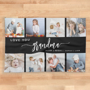 Love You Grandma 8 Photo Collage Black and White Kitchen Towel