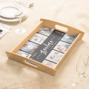 Love You Grandma 8 Photo Collage Black and White Serving Tray