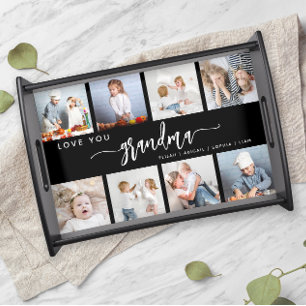 Love You Grandma 8 Photo Collage Black and White Serving Tray