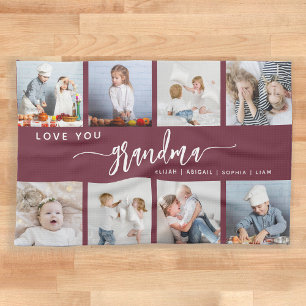 Love You Grandma 8 Photo Collage Burgundy Kitchen Towel