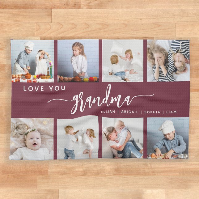 Love You Grandma 8 Photo Collage Burgundy Kitchen Towel (Creator Uploaded)