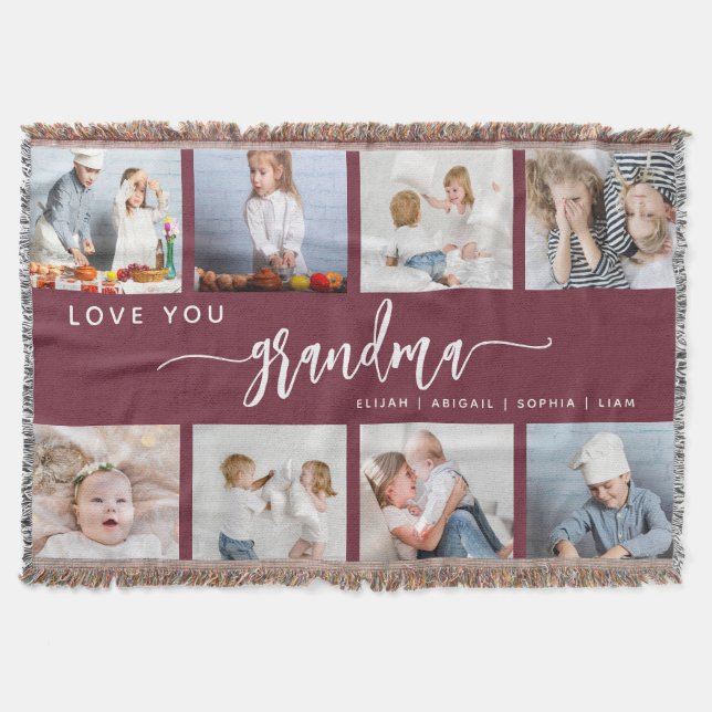 Love You Grandma 8 Photo Collage Burgundy Throw Blanket (Front)