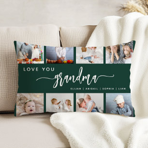Love You Grandma 8 Photo Collage Dark Green Accent Pillow