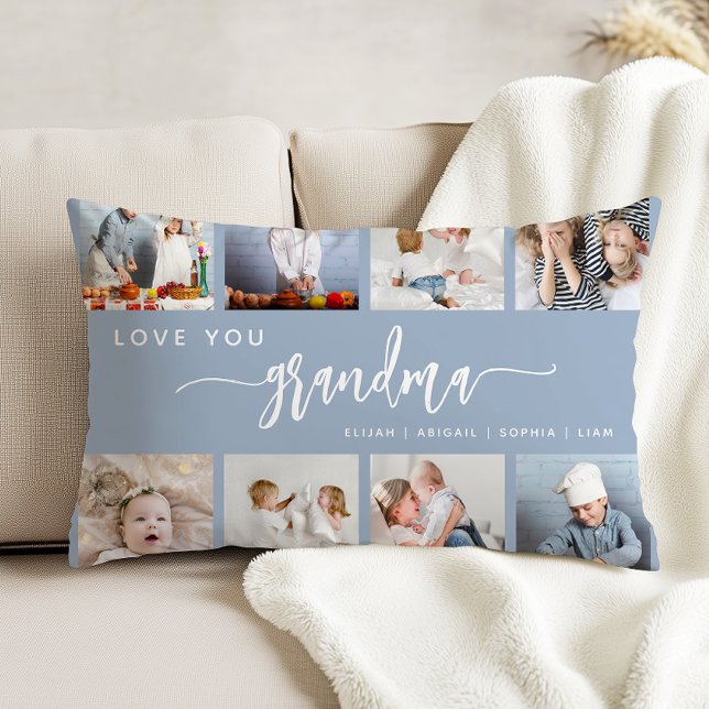 Love You Grandma 8 Photo Collage Dusty Blue Accent Pillow (Creator Uploaded)