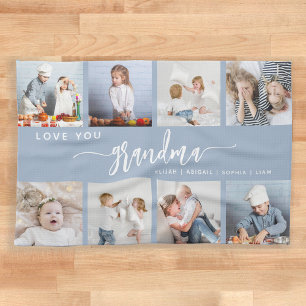 Love You Grandma 8 Photo Collage Dusty Blue Kitchen Towel