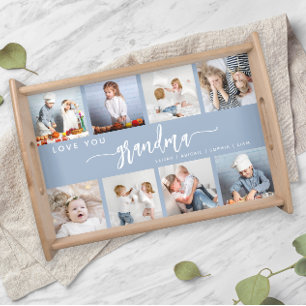 Love You Grandma 8 Photo Collage Dusty Blue Serving Tray