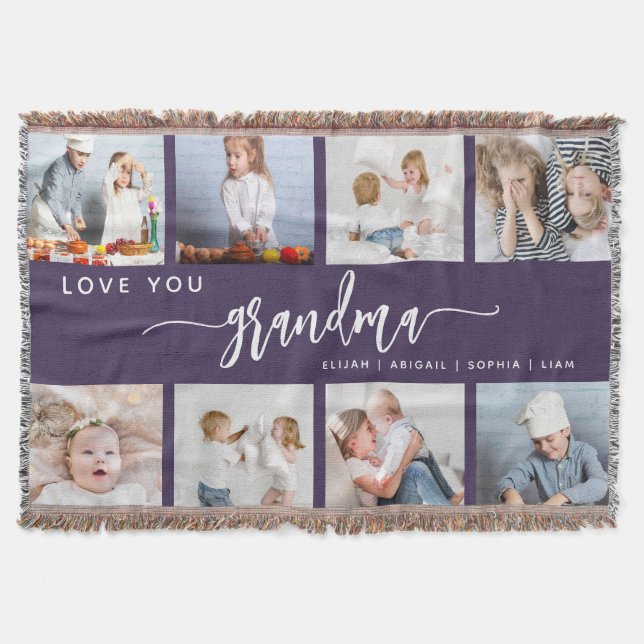 Love You Grandma 8 Photo Collage Purple Throw Blanket (Front)