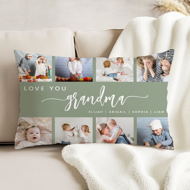 Love You Grandma 8 Photo Collage Sage Green Accent Pillow (Creator Uploaded)