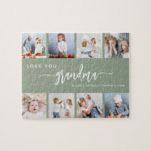 Love You Grandma 8 Photo Collage Sage Green Jigsaw Puzzle