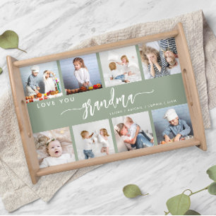 Love You Grandma 8 Photo Collage Sage Green Serving Tray