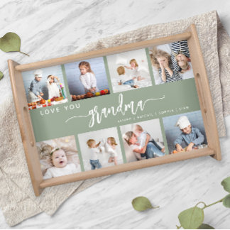 Love You Grandma 8 Photo Collage Sage Green Serving Tray
