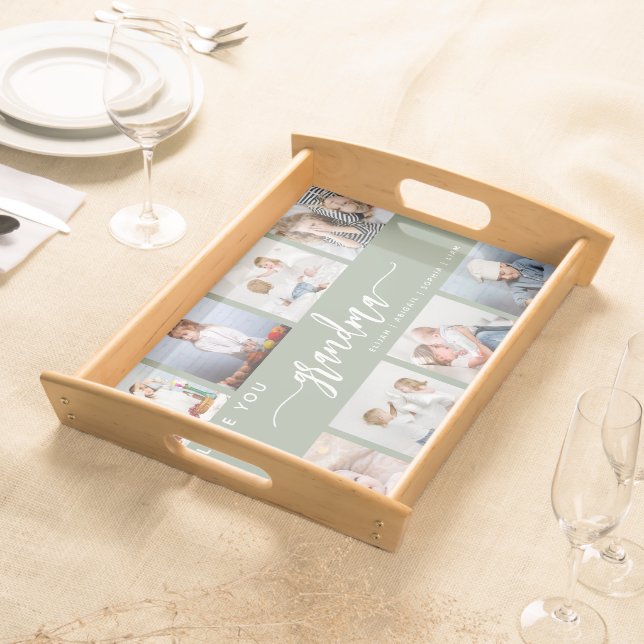 Love You Grandma 8 Photo Collage Sage Green Serving Tray (Front)