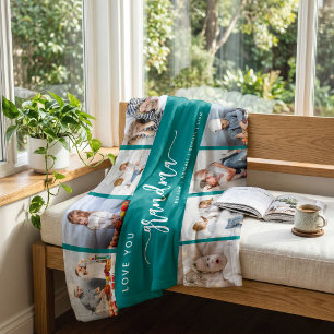 Love You Grandma 8 Photo Collage Teal Blue Fleece Blanket