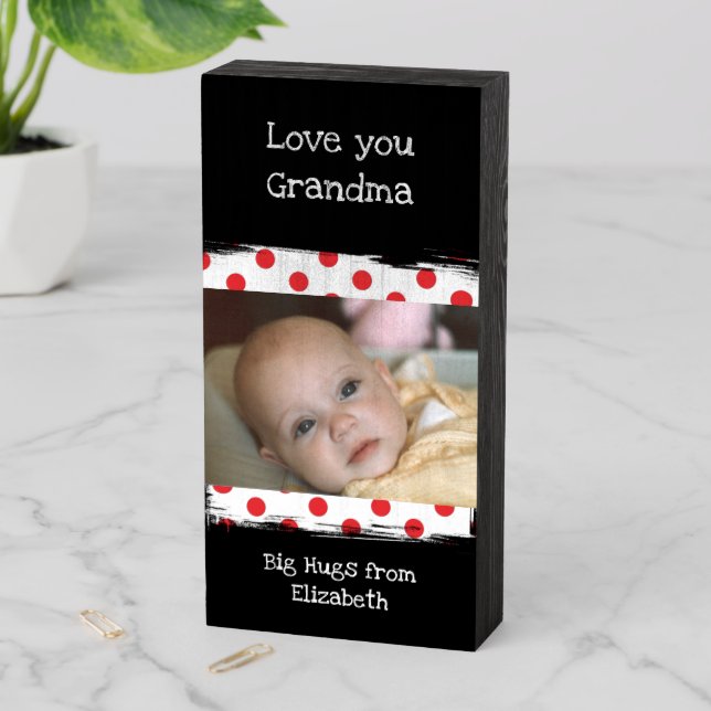 Love you grandma baby photo red and white wooden box sign (In Situ Vertical)