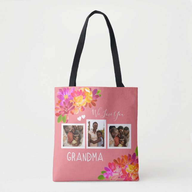 Love You Grandma Bright Pink Florals Photos Tote B (Front)