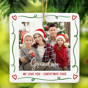 Love You Grandma Christmas Photo Red Green Doodles Ceramic Ornament