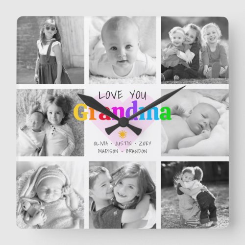 Love You Grandma Colorful Modern 8 Photo Collage Square Wall Clock