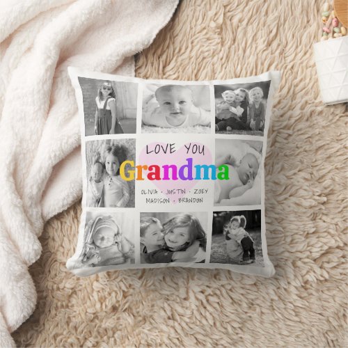 Love You Grandma Colorful Modern 8 Photo Collage Throw Pillow