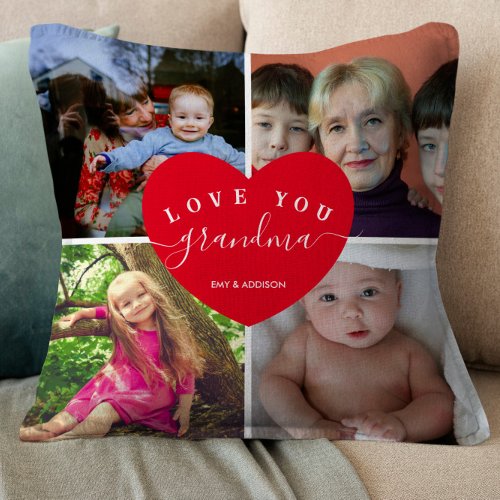 Love You Grandma Custom 4 Photo Collage Cute Heart Throw Pillow