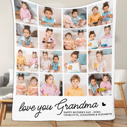 Love You Grandma Custom Simple Modern 16 Photo Fleece Blanket