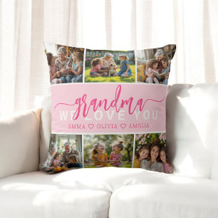 Love You Grandma Cute Pink Photo Collage Throw Pillow