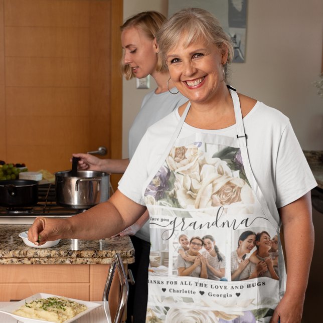Love You Grandma | Floral Three Photo Collage Apron (Creator Uploaded)