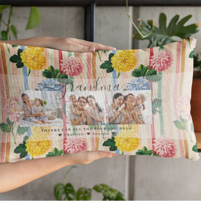 Love You Grandma | Floral Three Photo Collage Lumbar Pillow (Creator Uploaded)