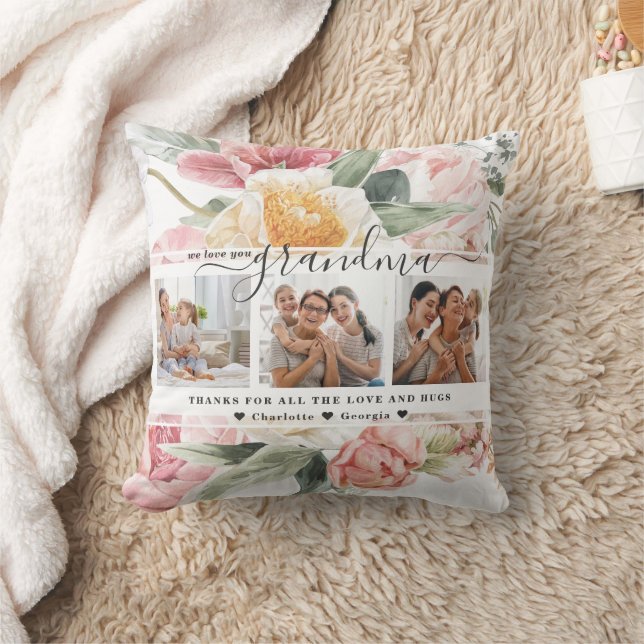 Love You Grandma | Floral Three Photo Collage  Throw Pillow (Blanket)