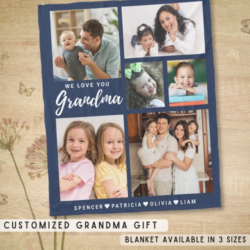 Love You Grandma Grandkids 6 Photo Collage Blue Fleece Blanket