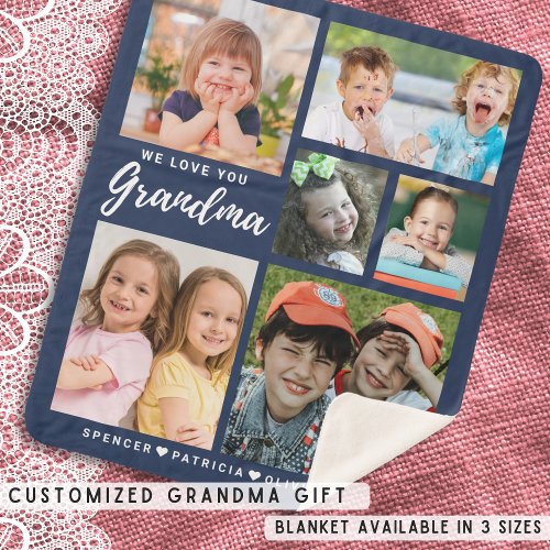 Love You Grandma Grandkids 6 Photo Collage Blue Sherpa Blanket