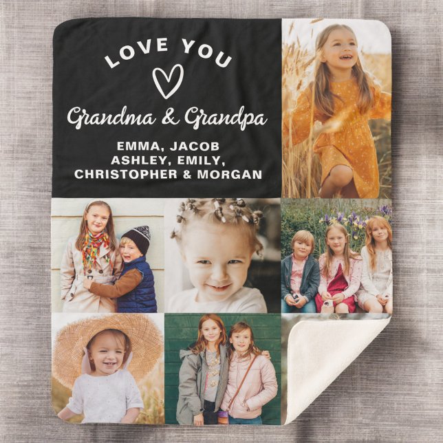 Love You Grandma & Grandpa 7 Photo Black Sherpa Blanket (Creator Uploaded)