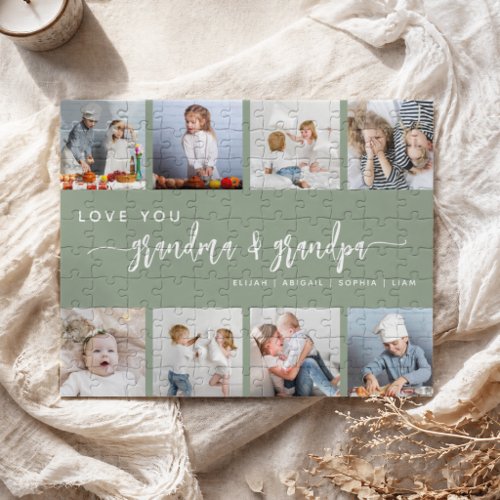 Love You Grandma & Grandpa 8 Photo Sage Green Jigsaw Puzzle