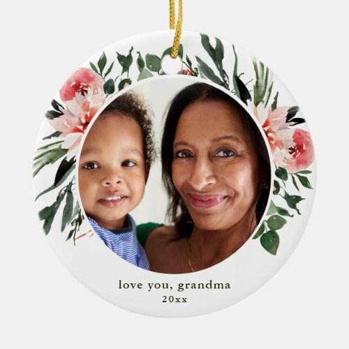 Love You Grandma Greenery Wreath with Photo Ceramic Ornament