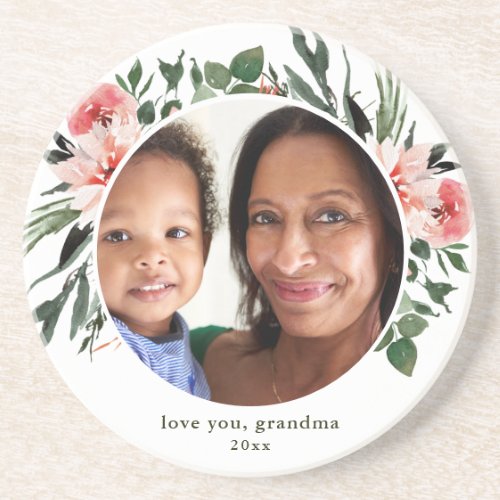 Love You Grandma Greenery Wreath with Photo Coaster